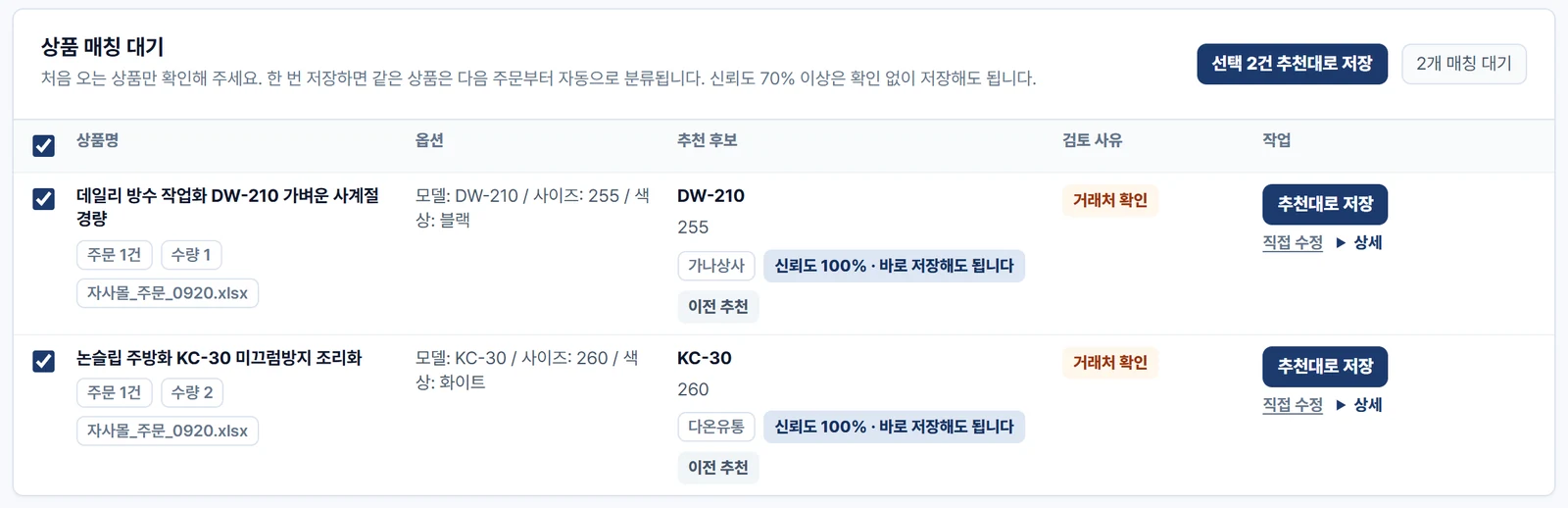 추천대로 저장 상태의 매칭 목록 — 두 상품 모두 체크되어 있고 추천 후보에 거래처와 신뢰도 100% 바로 저장해도 됩니다 표시, 줄마다 추천대로 저장 버튼, 위쪽에 선택 2건 추천대로 저장 버튼